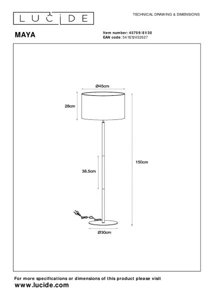 Lucide MAYA - Floor lamp - Ø 45 cm - 1xE27 - Black - technical